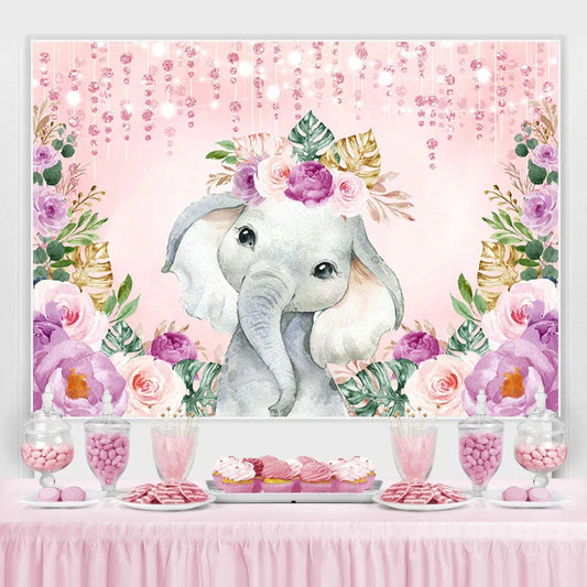Lofaris Pink Floral Elephant Themed Baby Shower Backdrop