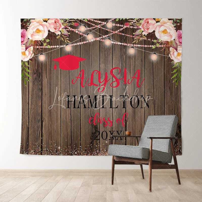 Lofaris Pink Floral Glitter Class Of 2022 Brown Wood Backdrop
