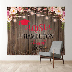 Lofaris Pink Floral Glitter Class Of 2022 Brown Wood Backdrop