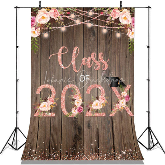 Lofaris Pink Floral Glitter Class Of 2022 Brown Wood Backdrop