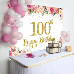 Lofaris Pink Floral Glitter Gold White 100th Birthday Backdrop