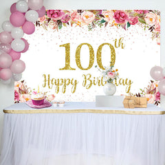 Lofaris Pink Floral Glitter Gold White 100th Birthday Backdrop