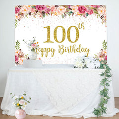 Lofaris Pink Floral Glitter Gold White 100th Birthday Backdrop