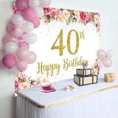 Lofaris Pink Floral Glitter Gold White 40th Birthday Backdrop