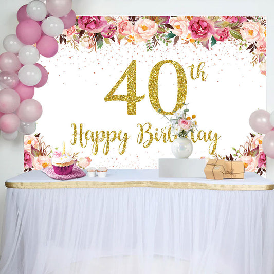 Lofaris Pink Floral Glitter Gold White 40th Birthday Backdrop