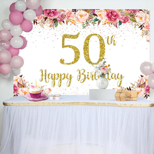 Lofaris Pink Floral Glitter Gold White 50th Birthday Backdrop