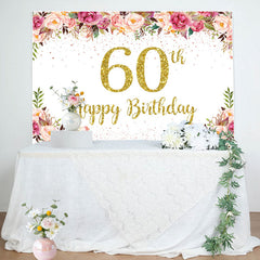 Lofaris Pink Floral Glitter Gold White 60th Birthday Backdrop