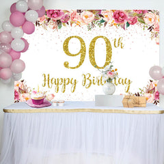 Lofaris Pink Floral Glitter Gold White 90th Birthday Backdrop