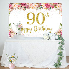 Lofaris Pink Floral Glitter Gold White 90th Birthday Backdrop
