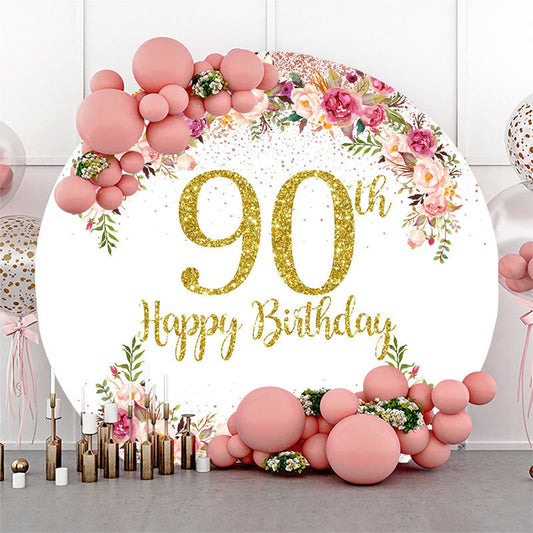 Lofaris Pink Floral Glitter Round 90th Birthday Backdrop