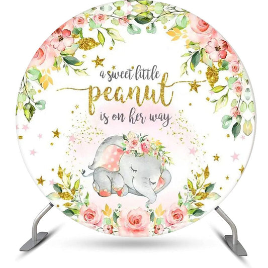 Lofaris Pink Floral Gold Elephant Round Baby Shower Backdrop