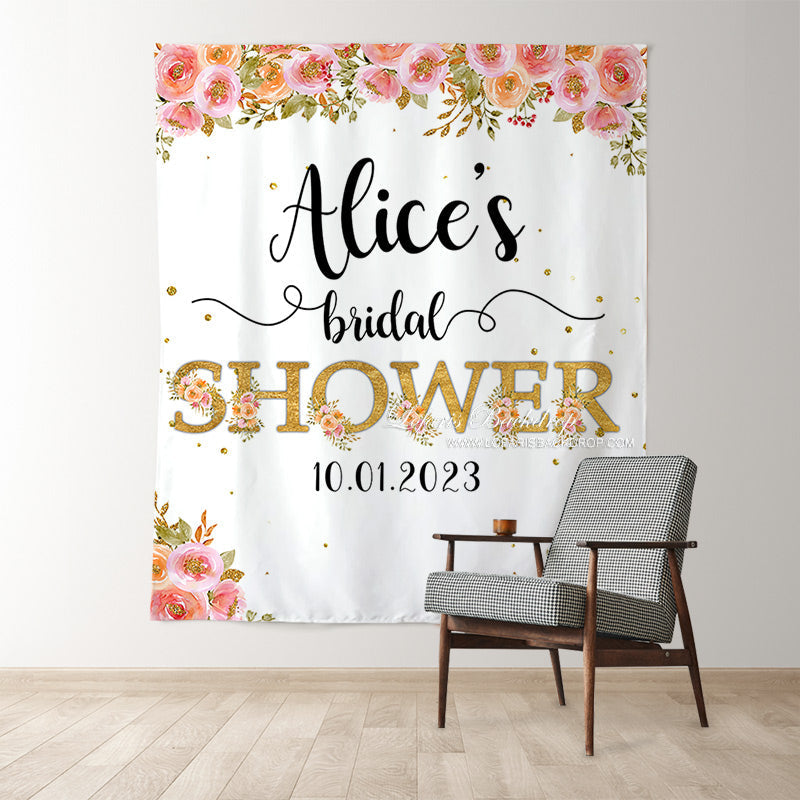 Lofaris Pink Floral Gold Glitter Bridal Shower Backdrop Banner