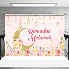 Lofaris Pink Floral Golden Moon Ramadan Mubarak Backdrop