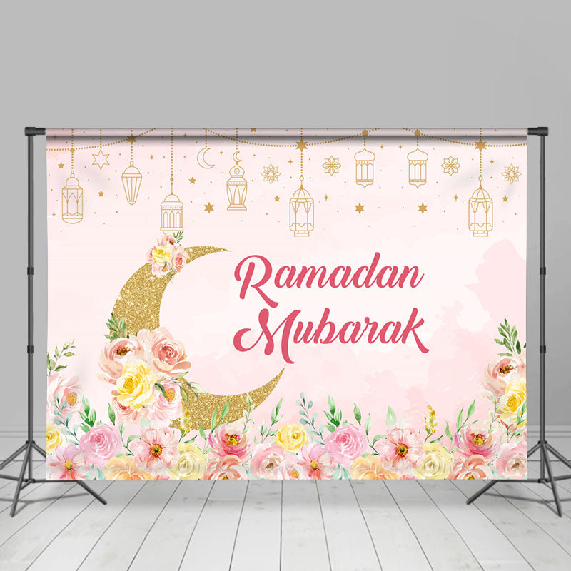 Lofaris Pink Floral Golden Moon Ramadan Mubarak Backdrop