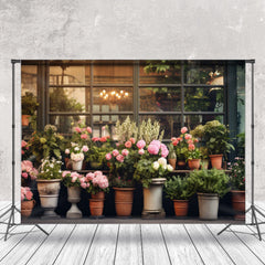 Lofaris Pink Floral Green Plant Window Spring Photo Backdrop