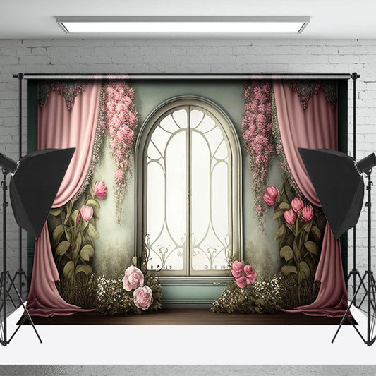 Lofaris Pink Floral Green Wall Window Floor Photo Backdrop