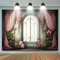 Lofaris Pink Floral Green Wall Window Floor Photo Backdrop