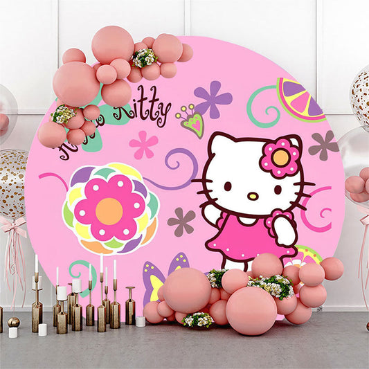 Lofaris Pink Floral Hello Kitty Circle Birthday Backdrop