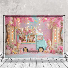 Lofaris Pink Floral Ice Cream Car Backdrop For Cake Smash