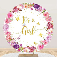 Lofaris Pink Floral Its A Girl Round Baby Shower Backdrop