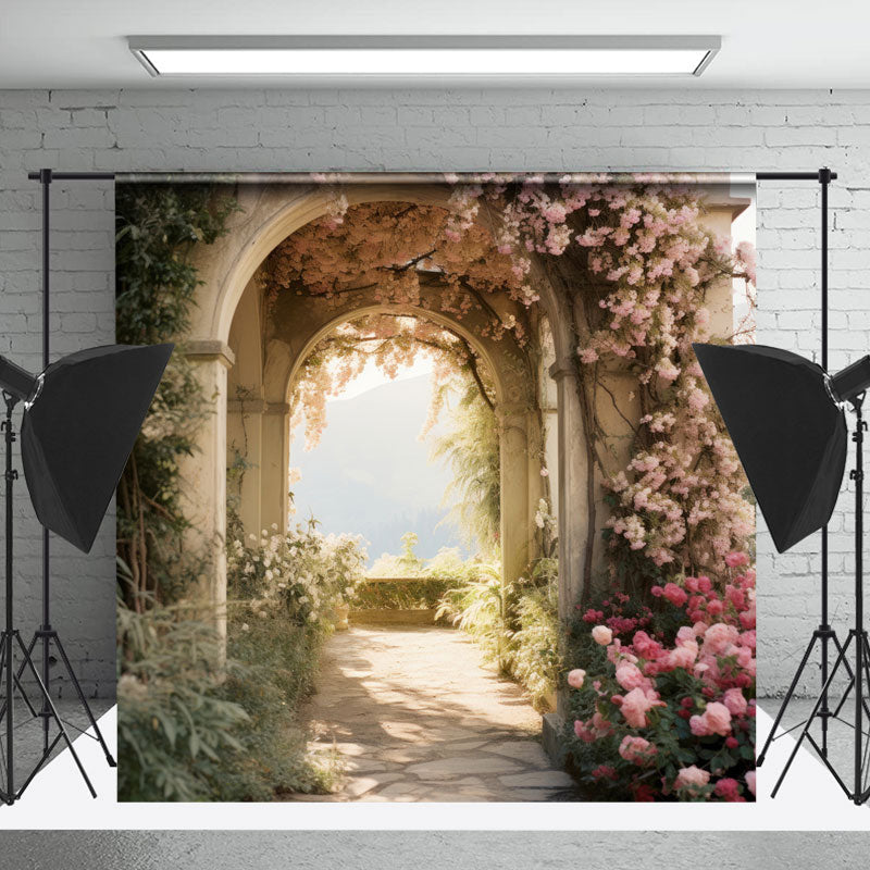 Lofaris Pink Floral Leaf Arch Spring Backdrop For Photograph
