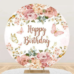 Lofaris Pink Floral Leaf Butterfly Round Birthday Backdrop