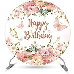 Lofaris Pink Floral Leaf Butterfly Round Birthday Backdrop