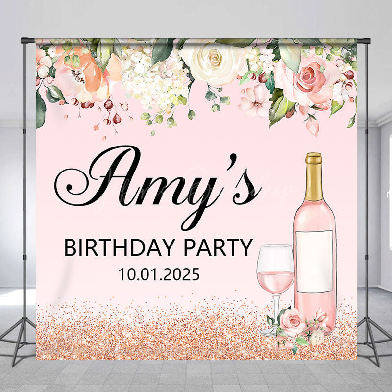 Lofaris Pink Floral Leaf Wine Custom Birthday Party Backdrop