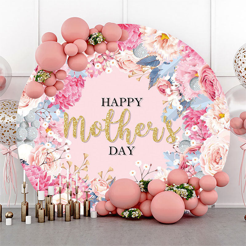 Pink Floral Leaves Gold Round Mothers Day Backdrop - Lofaris