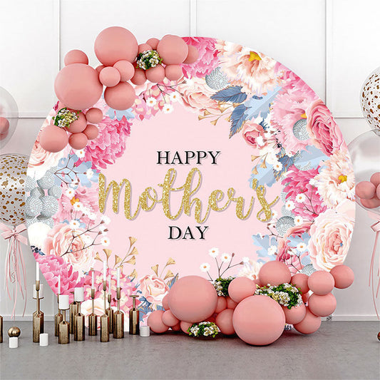 Lofaris Pink Floral Leaves Gold Round Mothers Day Backdrop