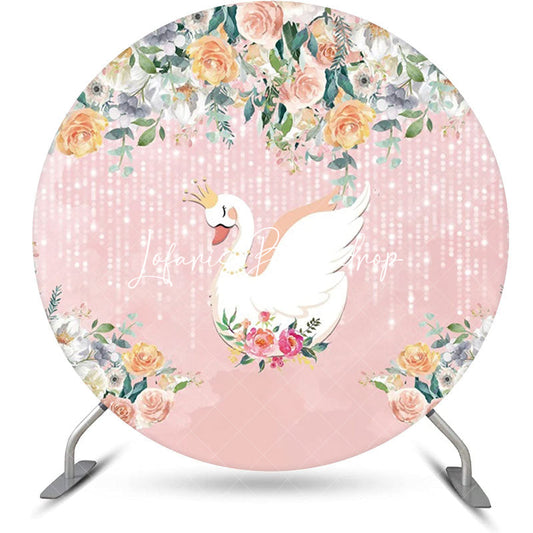 Lofaris Pink Floral Leaves Swan Round Backdrop For Birthday