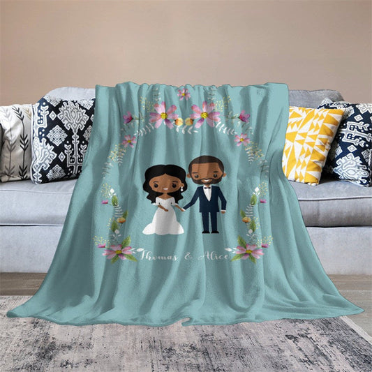 Lofaris Pink Floral Married Couple Blue Custom Wedding Blanket
