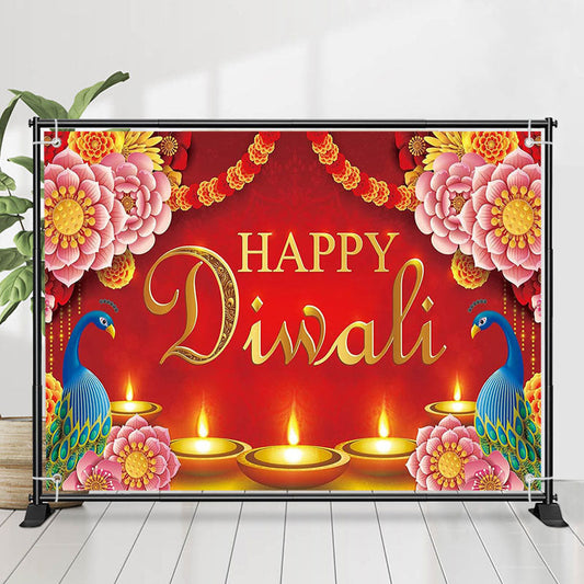 Lofaris Pink Floral Peacock Red Happy Diwali Party Backdrop