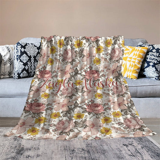 Lofaris Pink Floral Personalized Name Baby Blanket for Girl