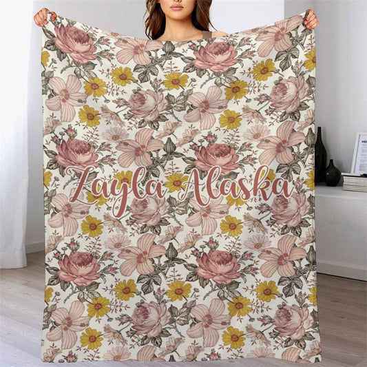 Lofaris Pink Floral Personalized Name Baby Blanket for Girl