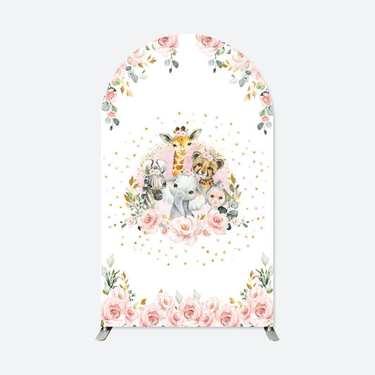 Lofaris Pink Floral Safari Animals Baby Shower Arch Backdrop