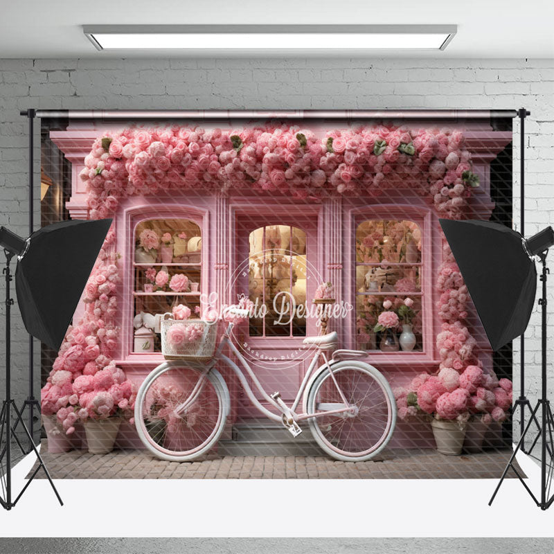 Lofaris Pink Floral Shop Bike Spring Backdrop For Photograph