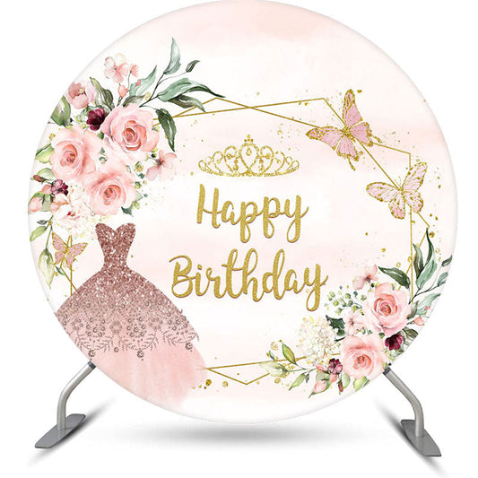Lofaris Pink Floral Sparkling Dress Round Birthday Backdrop