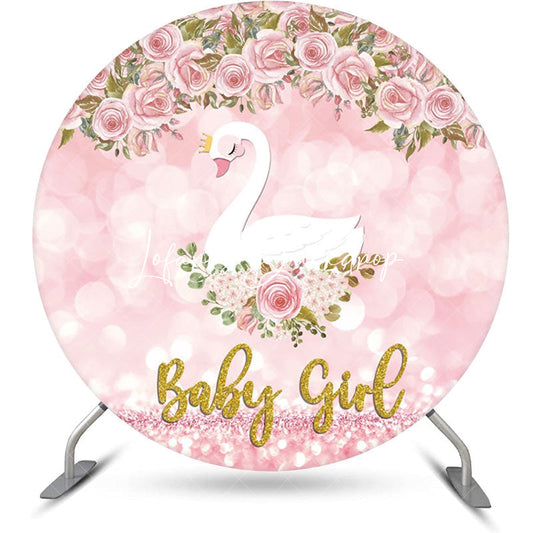 Lofaris Pink Floral Swan Round Baby Shower Backdrop For Girl