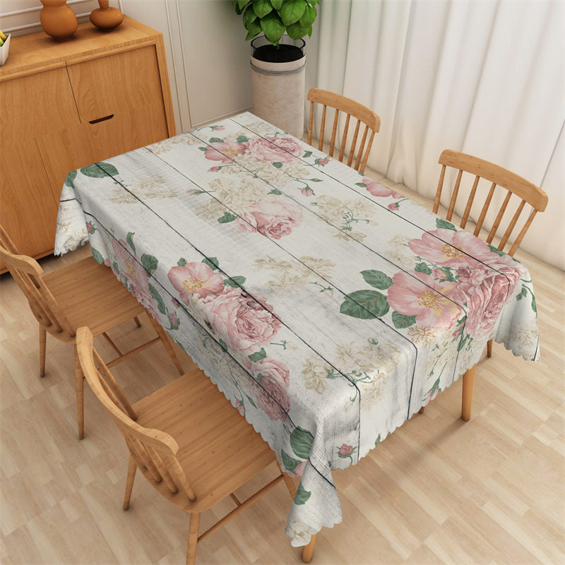 Lofaris Pink Floral Wooden Texture Rectangle Tablecloth