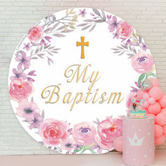 Lofaris Pink Floral Wreath My Baptism Round Backdrop Cover