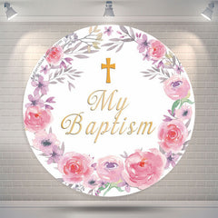Lofaris Pink Floral Wreath My Baptism Round Backdrop Cover