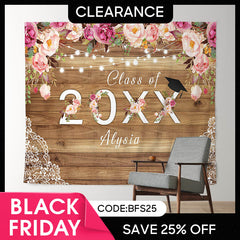 (Ship In 24HR) Personalized Pink Florals Bright Wood Grad Backdrop