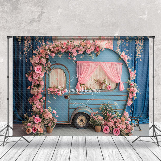 Lofaris Pink Flower Blue Curtain Retro RV Spring Backdrop