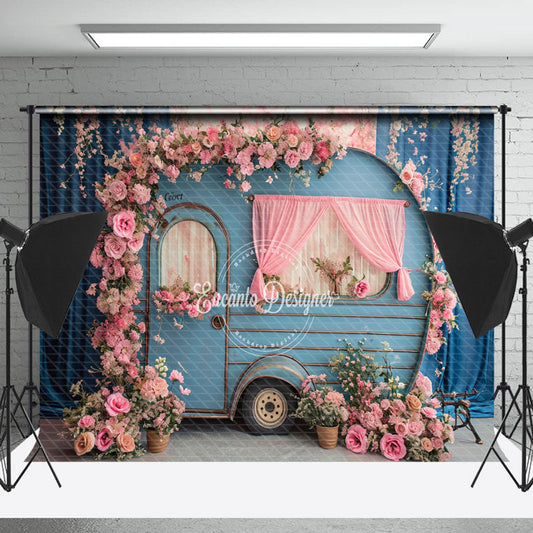 Lofaris Pink Flower Blue Curtain Retro RV Spring Backdrop