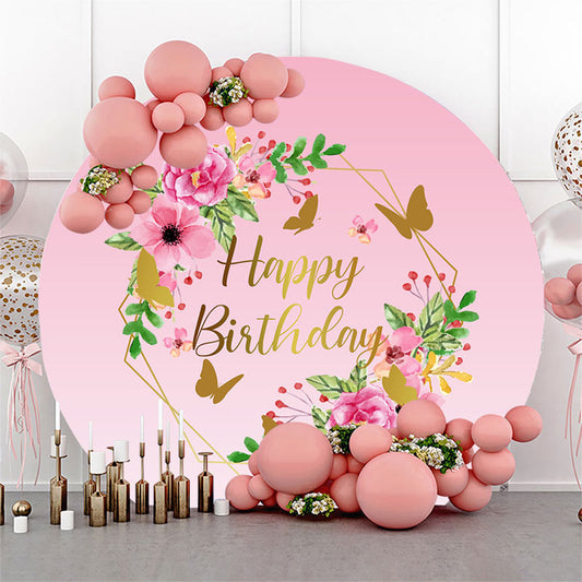 Lofaris Pink Flower Butterfly Round Happy Birthday Backdrop