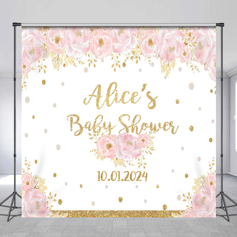 Lofaris Pink Flower Gold Glitter Custom Baby Shower Backdrop