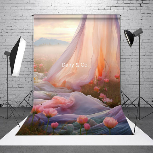 Lofaris Pink Flower Grass Curtain Mountain Sunset Backdrop