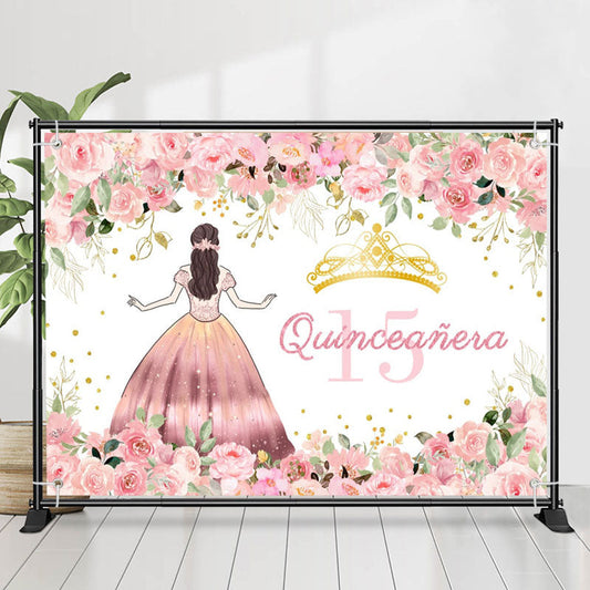 Lofaris Pink Flower Quinceanera Girl 15th Birthday Backdrop