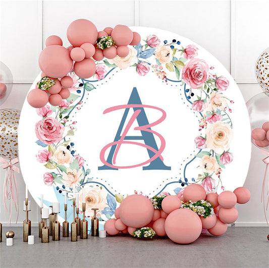 Lofaris Pink Flower White Wall Round Happy Wedding Backdrop